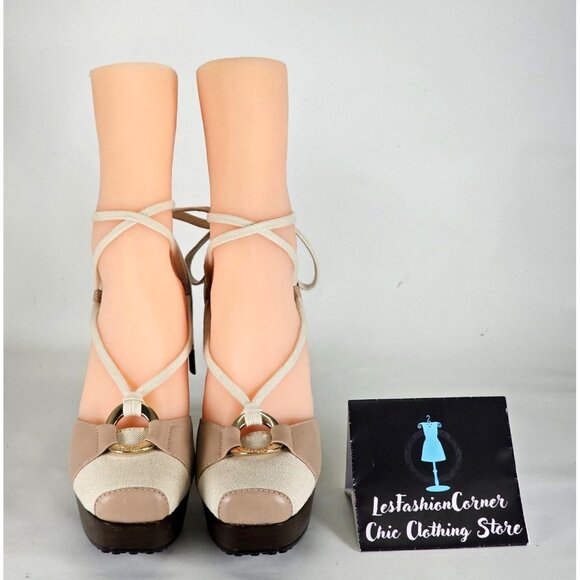 Tod’s Women's Beige Leather Cream Canvas Zeppa Lace Up Wedge Sandals Sz 7 274 - Picture 9 of 16